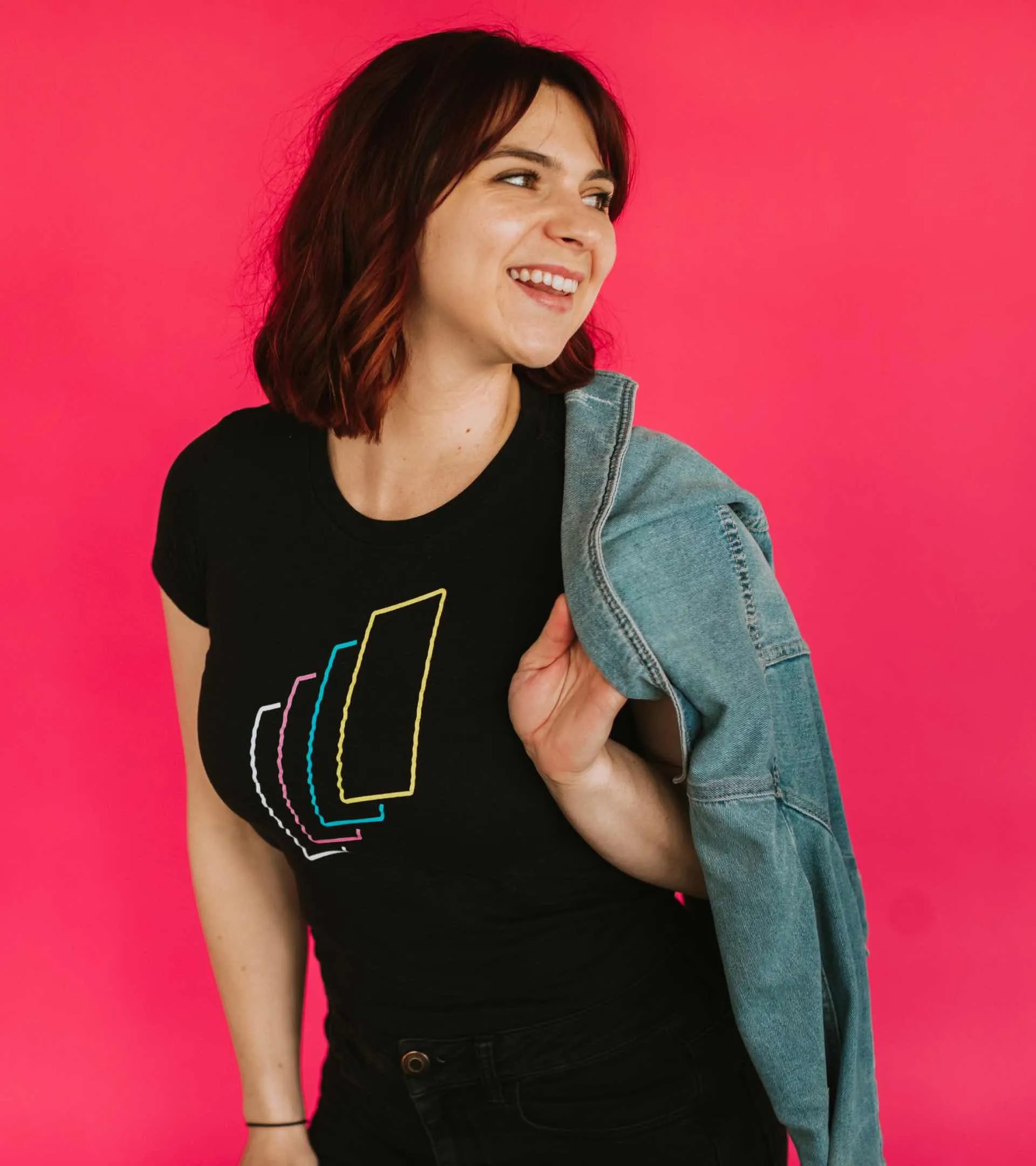 Photo of Carly wearing a Studio 8E8 te-shirt