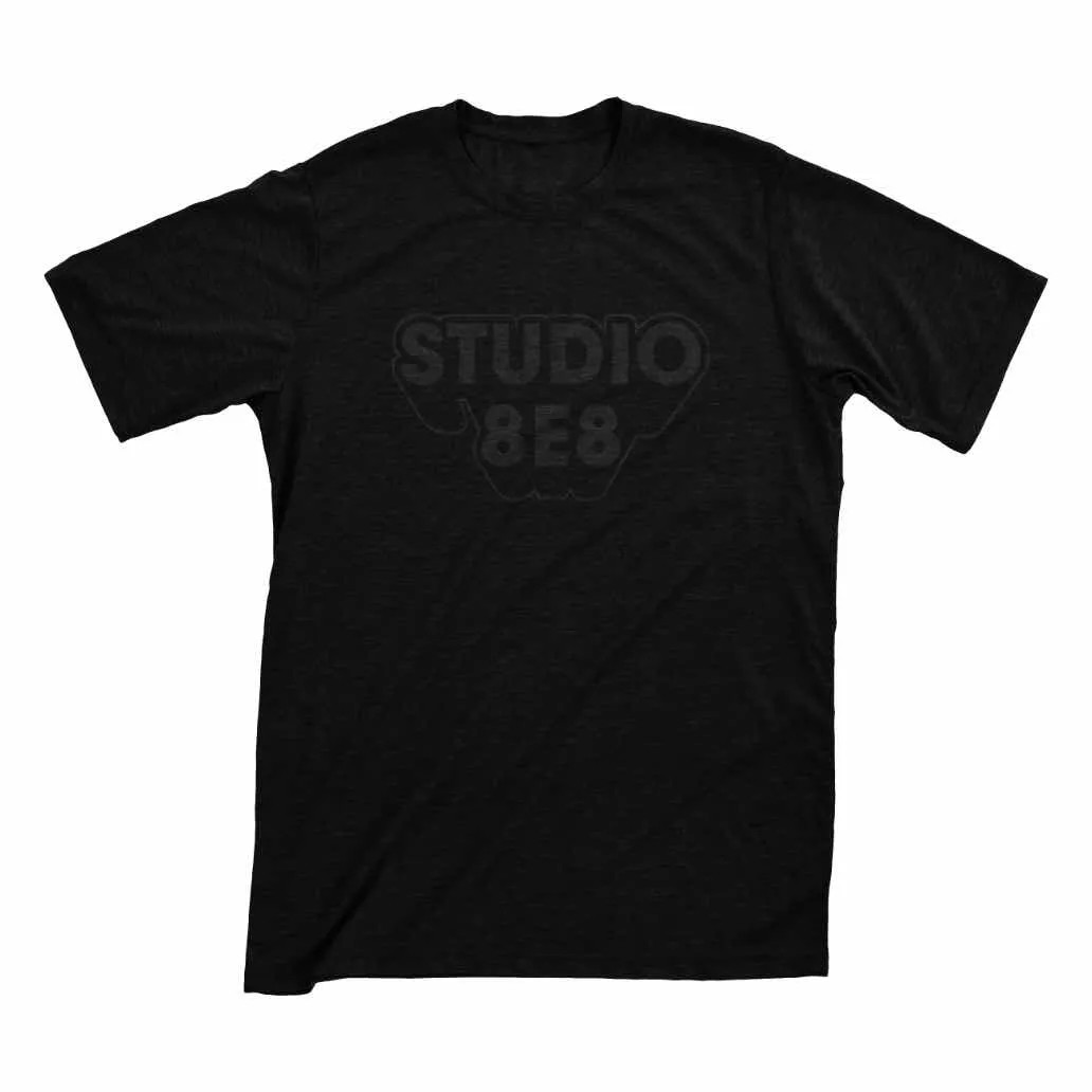 A black shirt with Studio 8E8 printed in dark gray letters