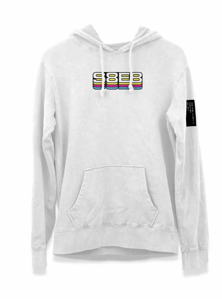 A white hoodie with S8E8 printed on it