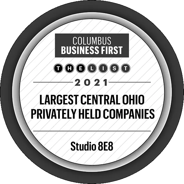 "Columbus Business First - The List 2021," recognizing the largest privately held companies in Central Ohio, featuring Studio 8E8, specialists in dental marketing.