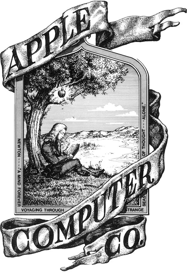 Vintage apple computer logo featuring Isaac Newton sitting under an apple tree, with a scenic landscape in the background, enclosed in a decorative frame.